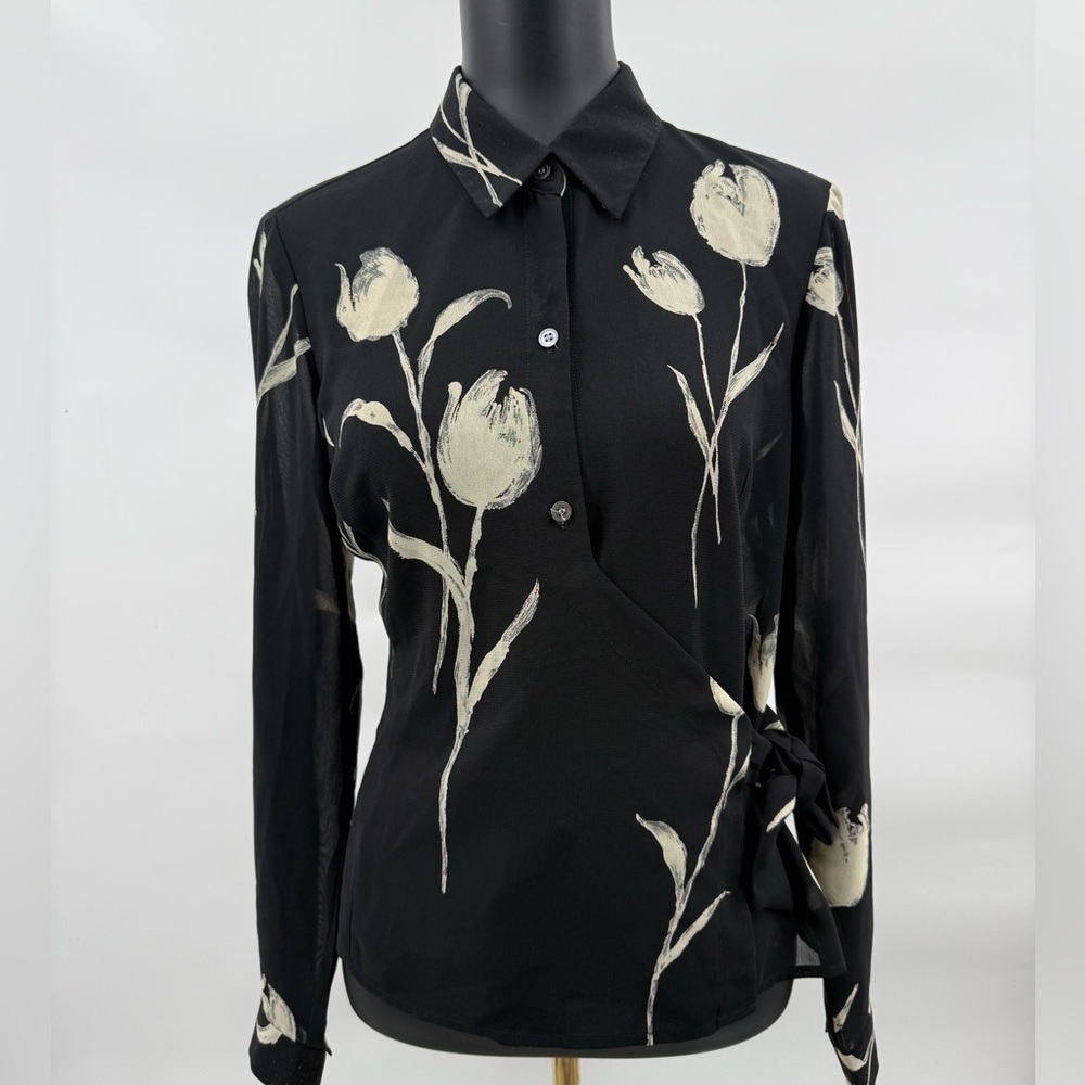 Liz Claiborne Black‎ Button-Down Wrap Blouse with Cream Floral Print